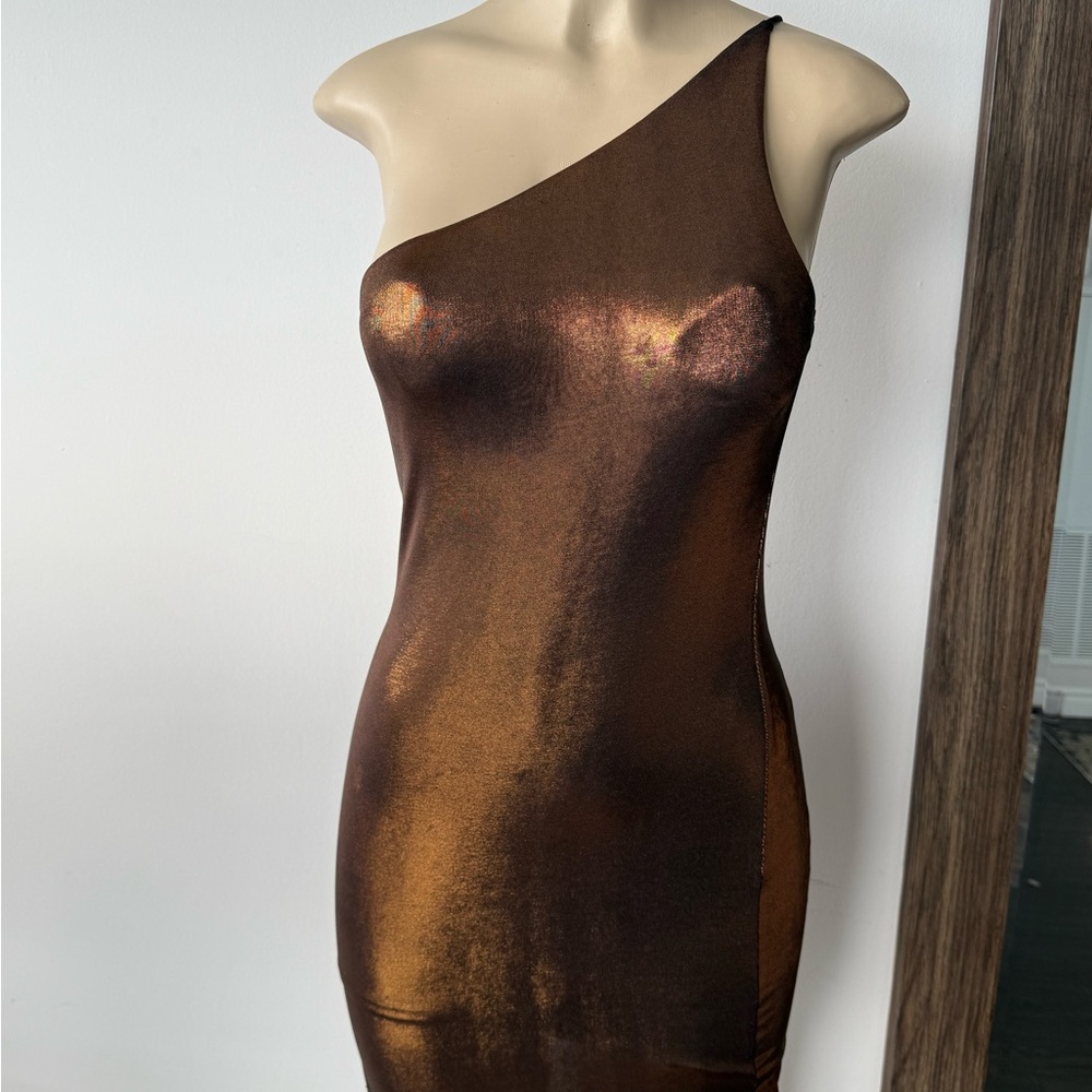 Elegant One-Shoulder Metallic Brown Dress